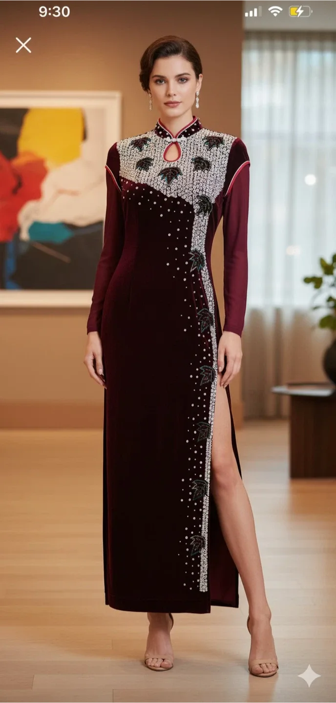 Stunning Maroon Velvet Long Dress with Crystal Detailing