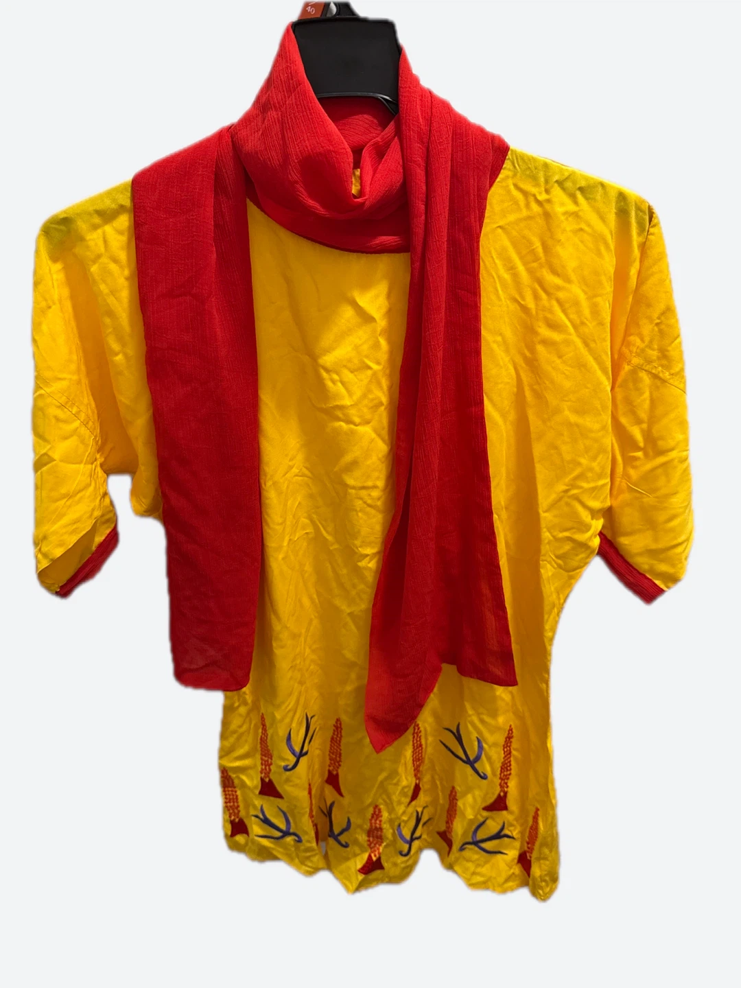 Yellow & Red Embroidered Top with Scarf