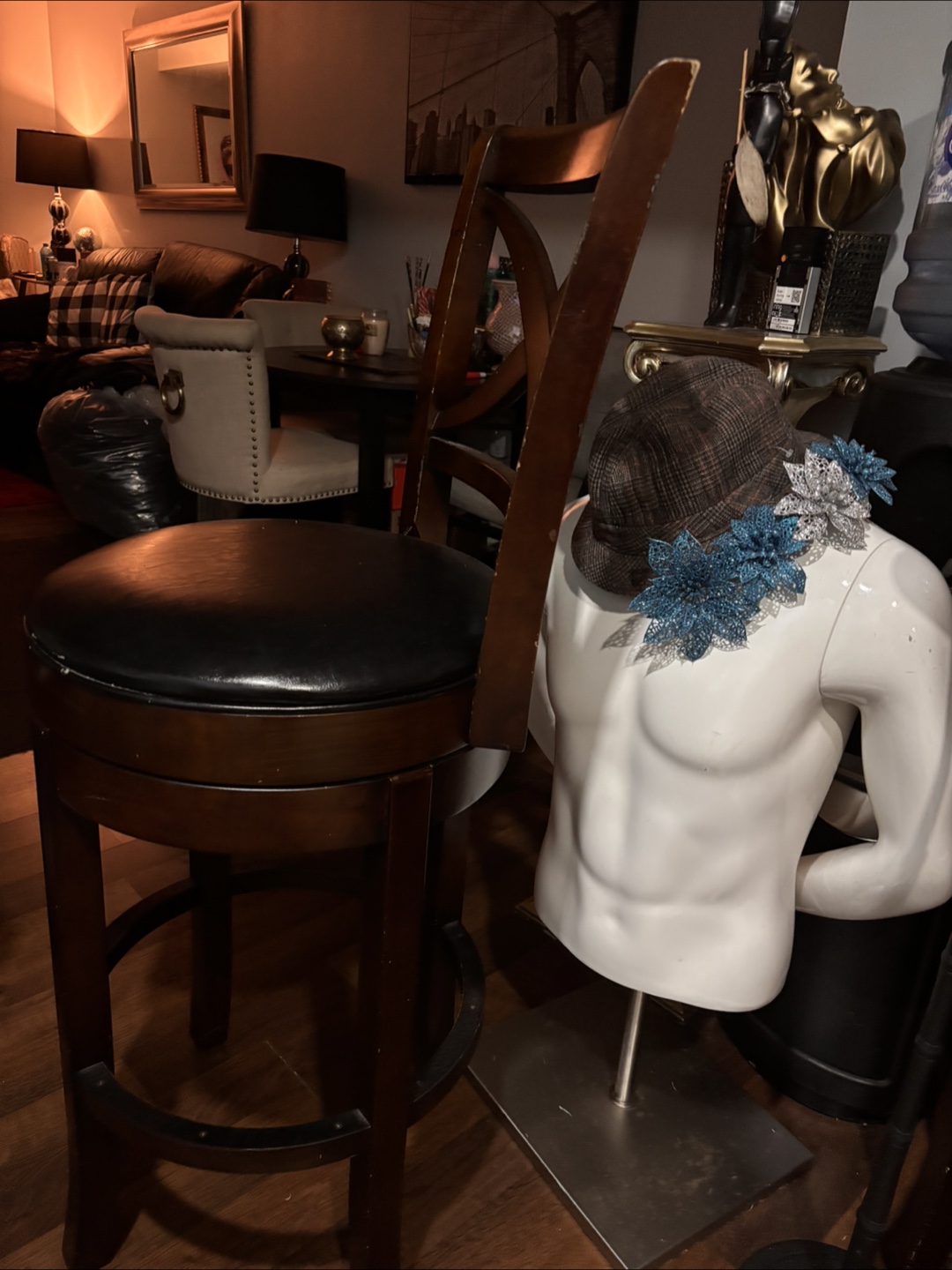 2 Swivel Bar Stool with Black Leather Seat