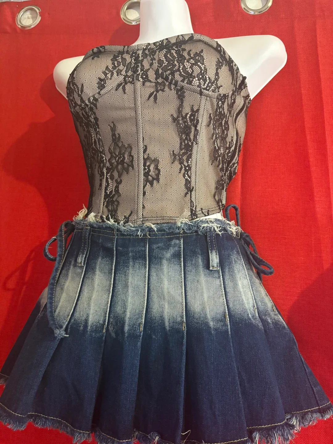 Lace Corset Top & Denim Mini Skirt Set thumbnail