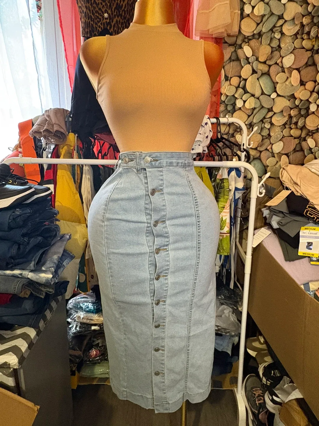 Denim Button-Front Midi Skirt - Size Medium thumbnail