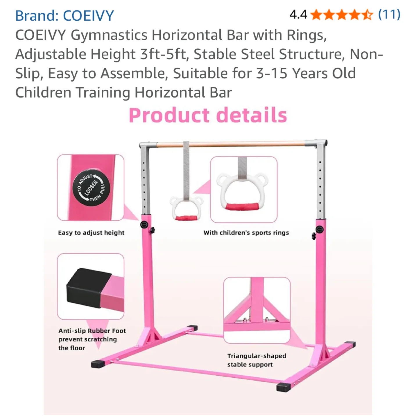 COEIVY Gymnastics Bar with Rings, Adjustable Height image indicator(4)