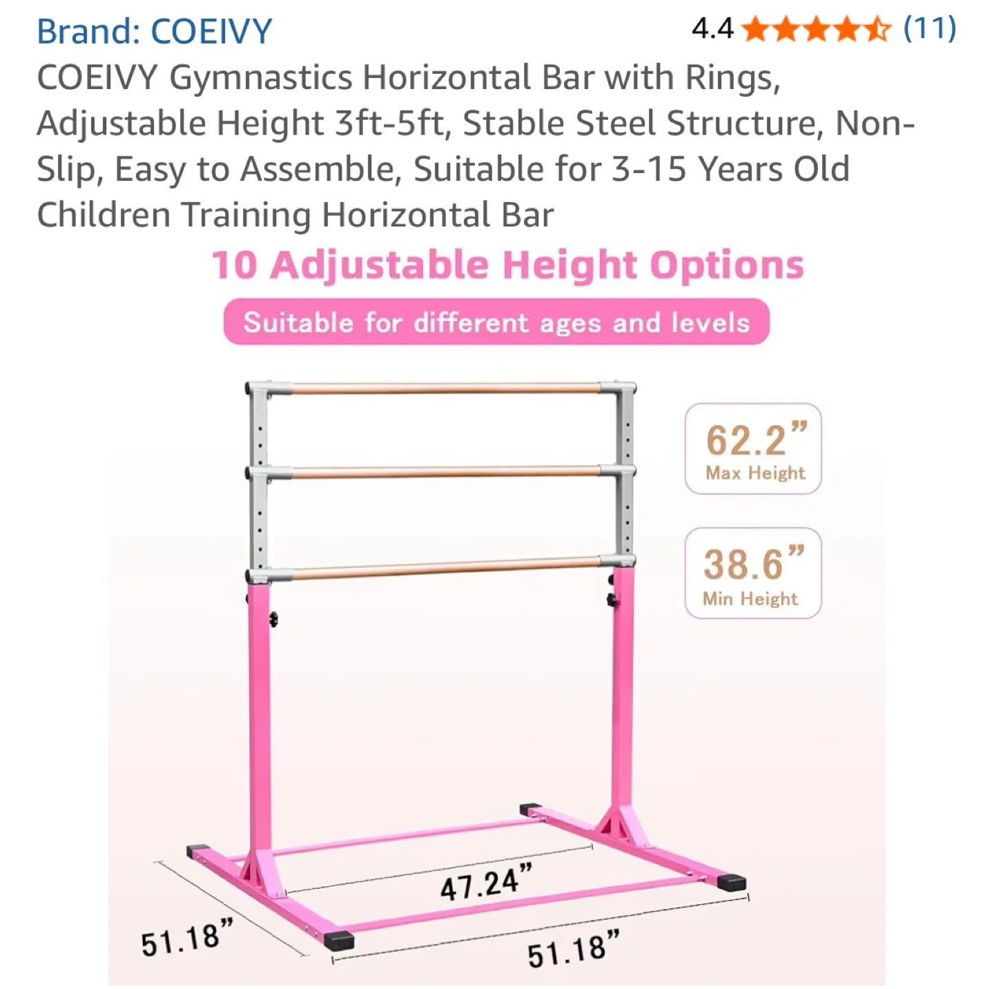 COEIVY Gymnastics Bar with Rings, Adjustable Height image indicator(3)