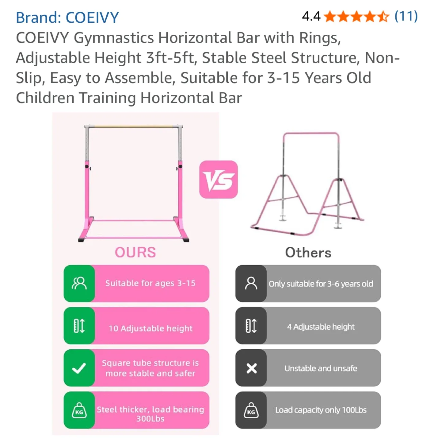COEIVY Gymnastics Bar with Rings, Adjustable Height image indicator(2)