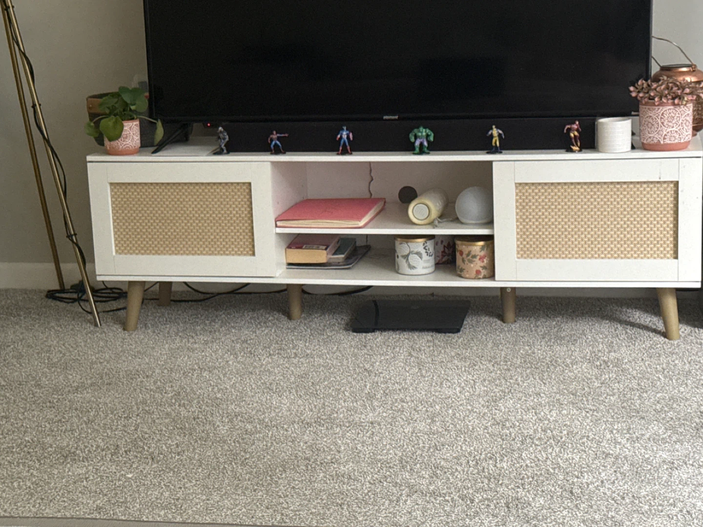 White TV Stand with Rattan Doors