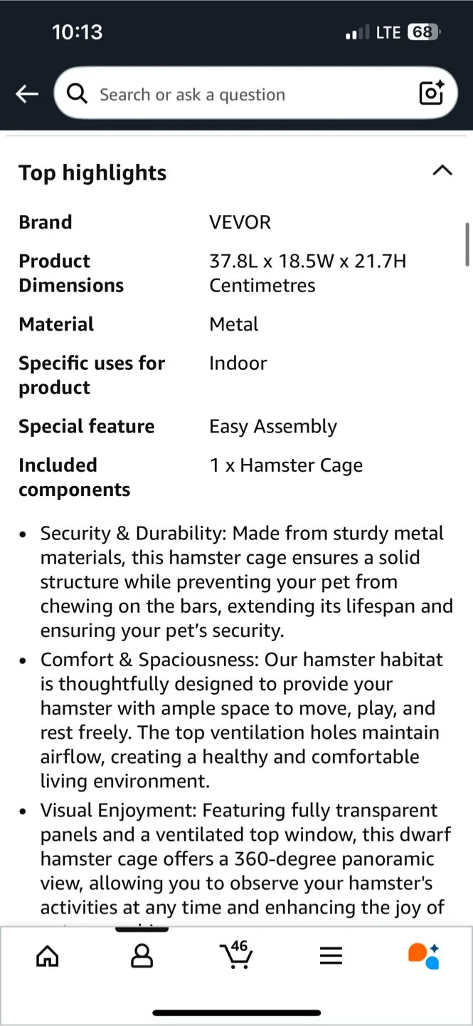 VEVOR Hamster Cage 360° Viewing Transparent image indicator(6)