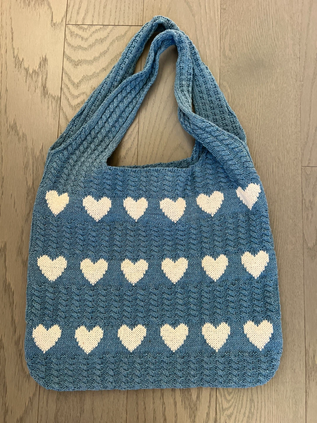 Blue Knitted Heart Tote Bag