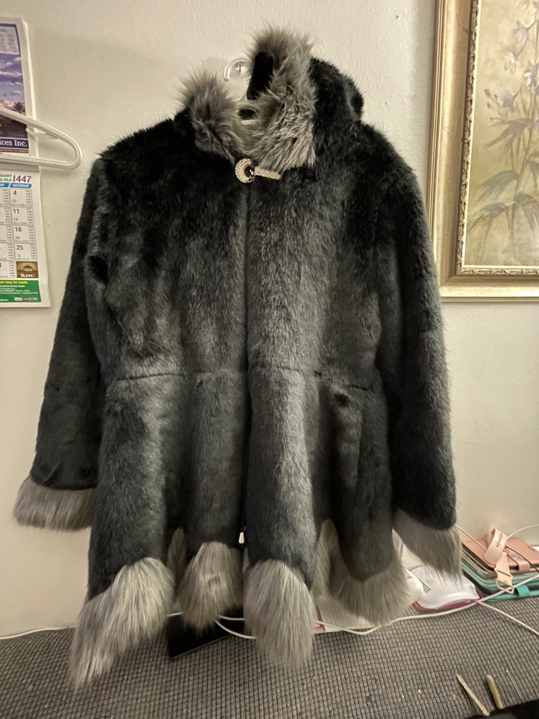 Faux Fur Coat - Black & Grey
