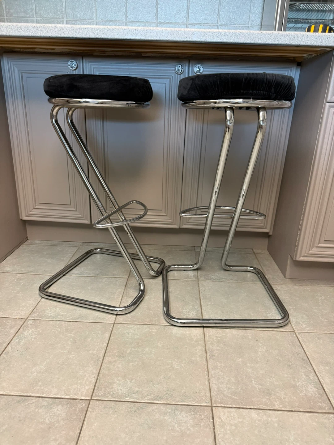 Chrome Bar Stools with Black Cushions - Set of 2
