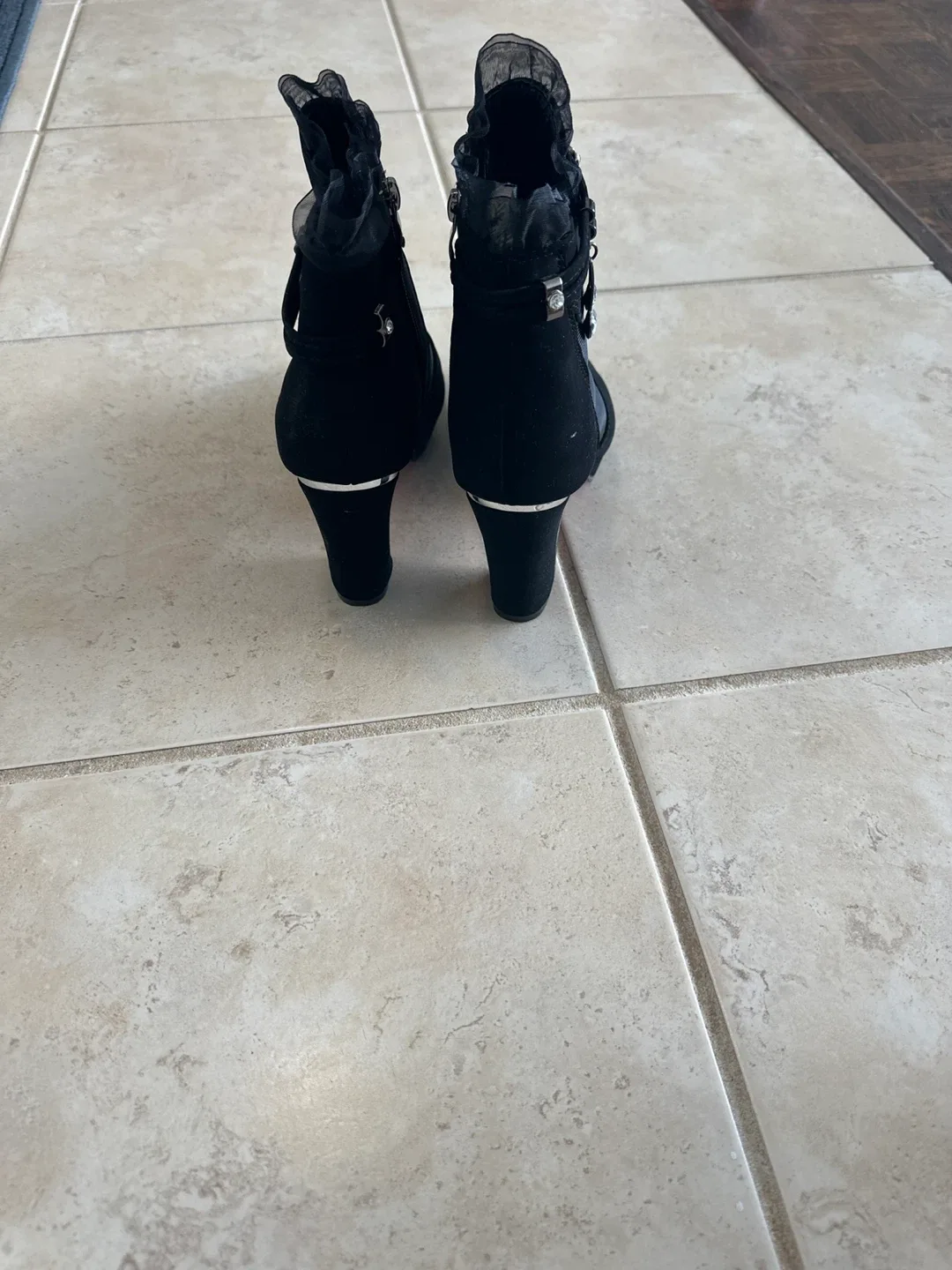 Black Mesh Peep-Toe Heel Booties image indicator(2)