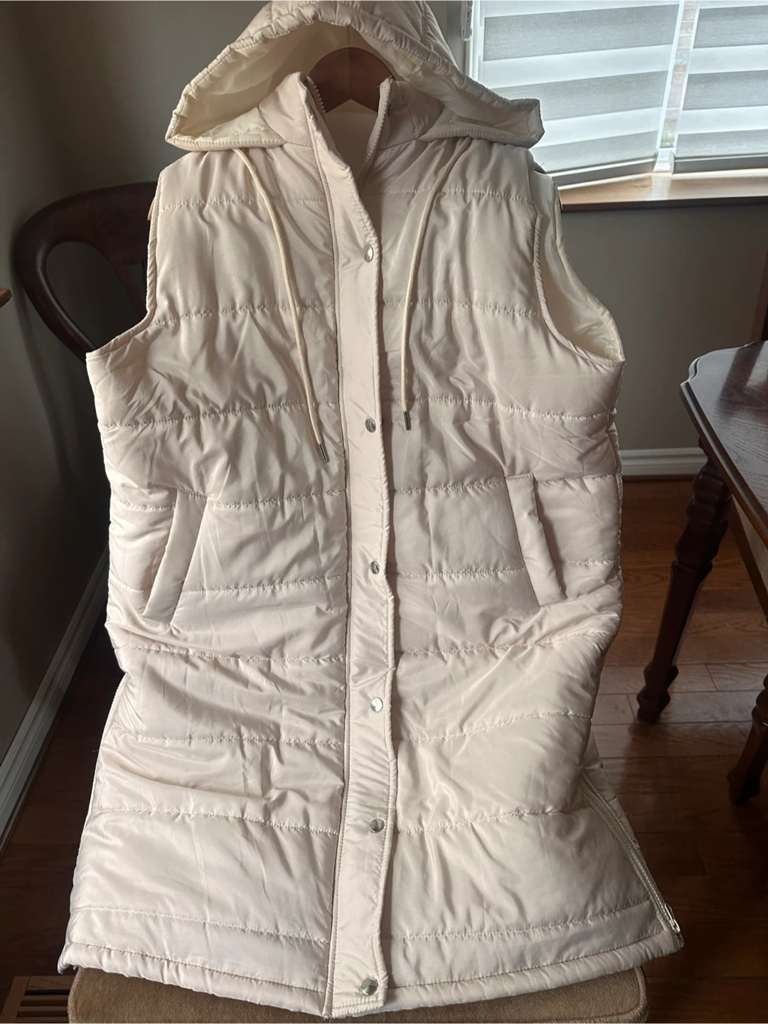 Long Puffer Vest with Hood - Cream Colour