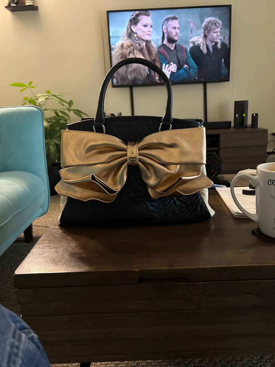 Betsey Johnson Black & Gold Bow Handbag