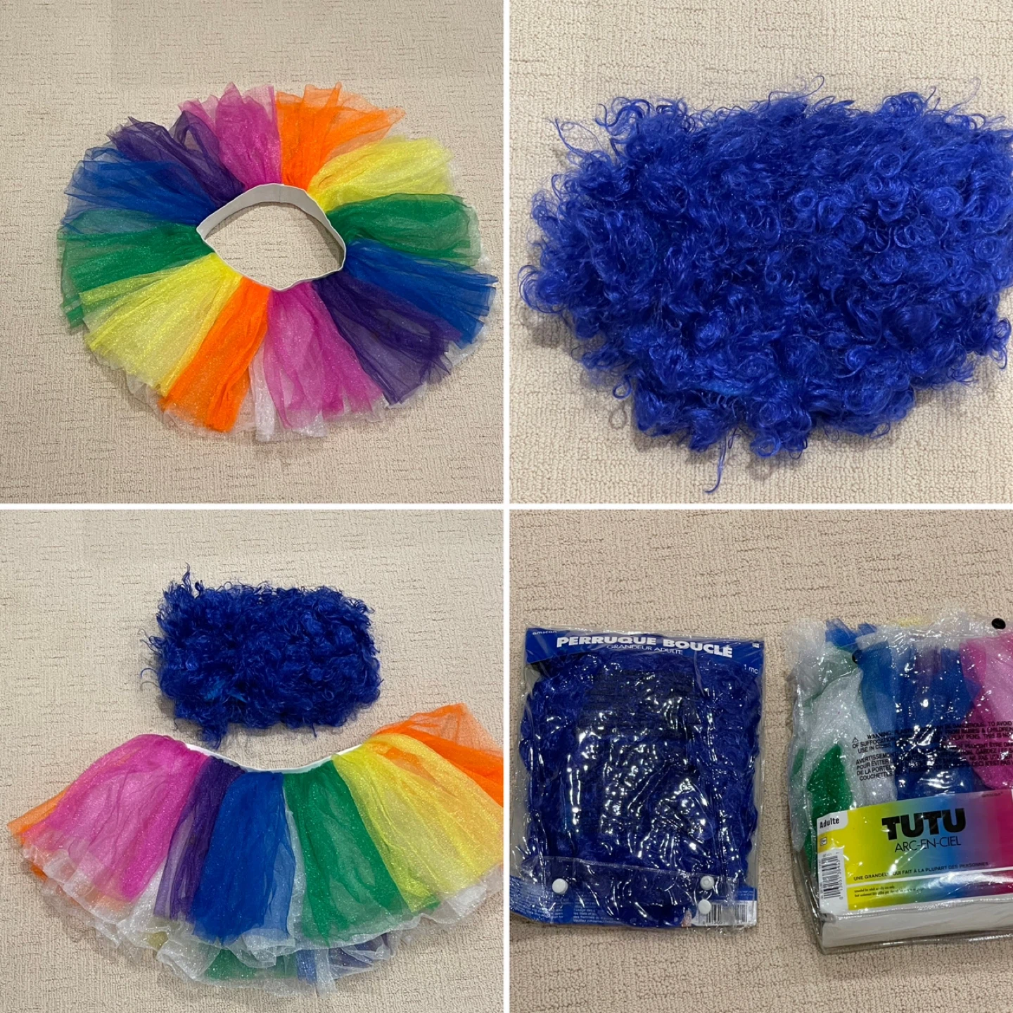 Clown Halloween Costume Pieces Blue Wig and Rainbow Tutu