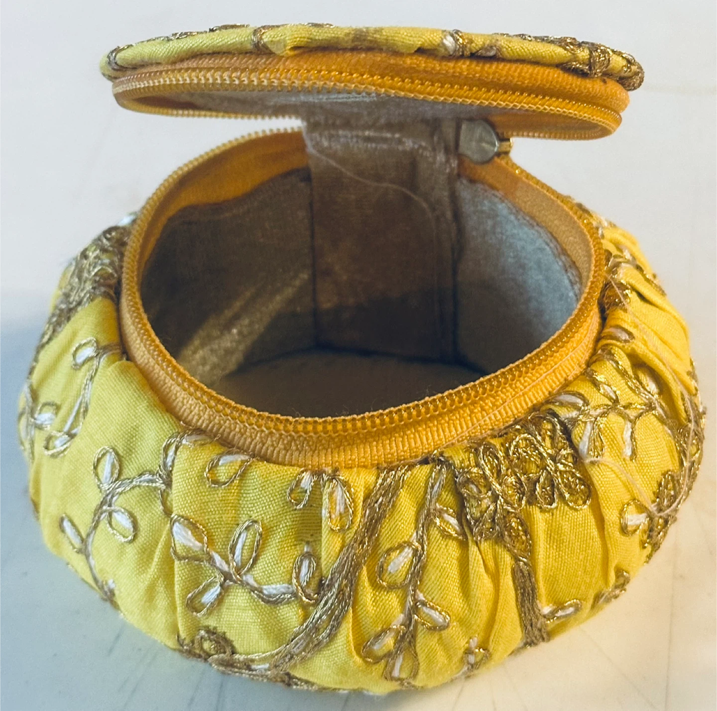 Yellow Embroidered Round Jewellery Box