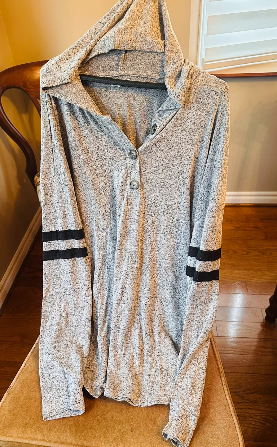 Hooded Henley Shirt, Grey with Black Stripes