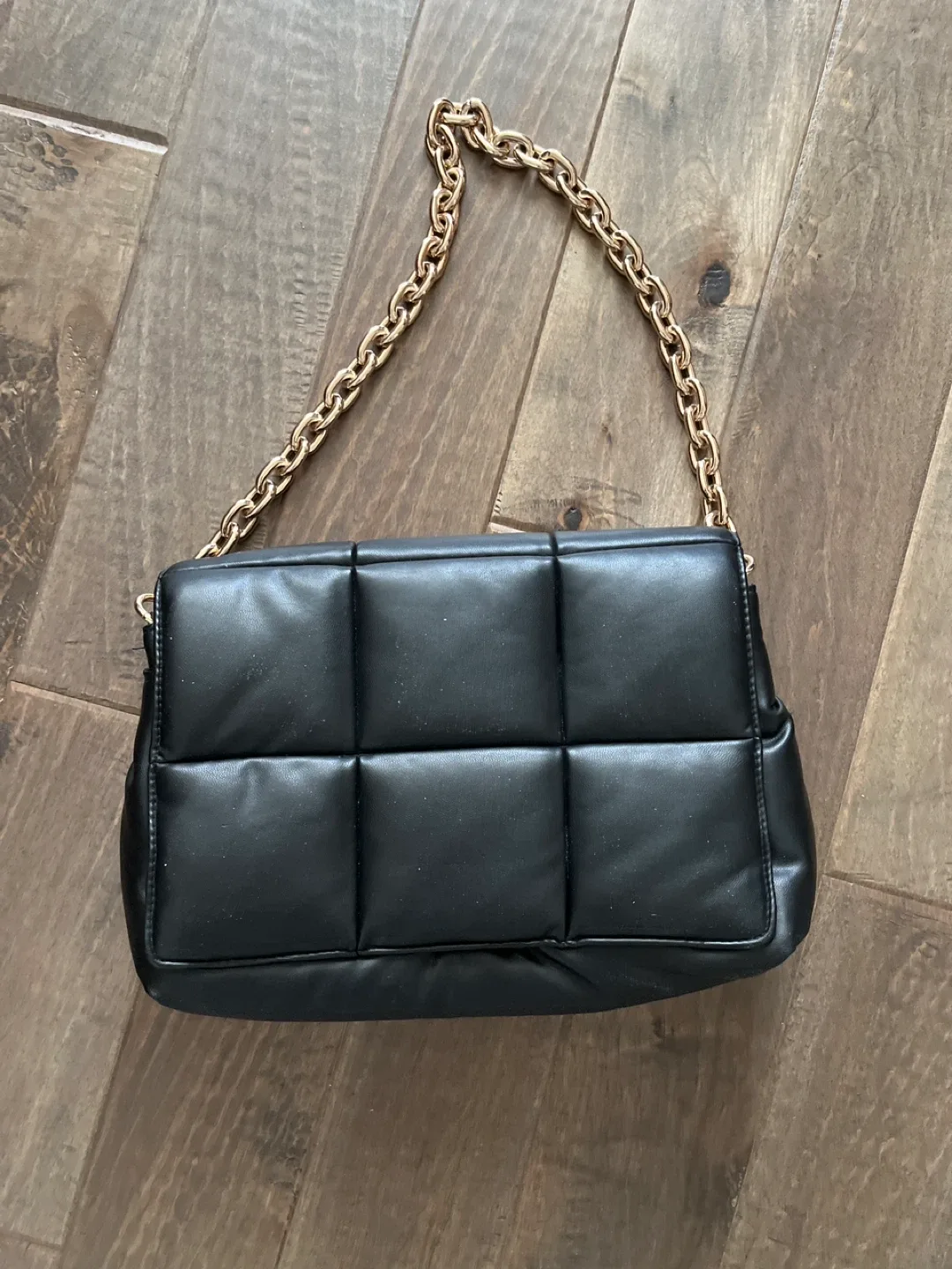 Black Quilted Shoulder Bag with Gold Chain