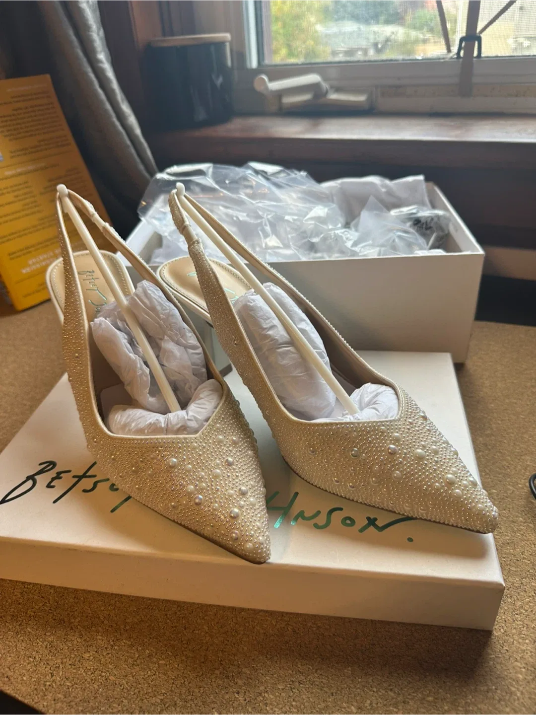 Betsey Johnson Ivory Embellished Heels, Size 7.5 WIDE