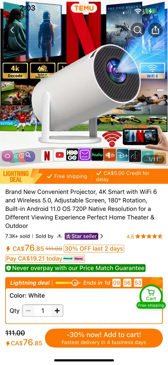 4K Smart Projector with WiFi 6, White image indicator(4)