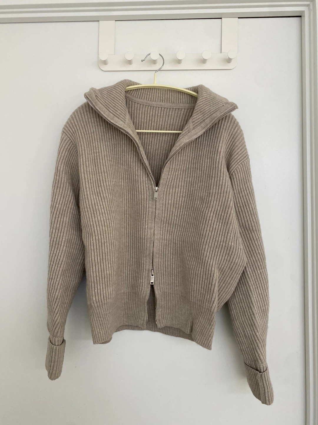 Beige Knit Zip-Up Sweater