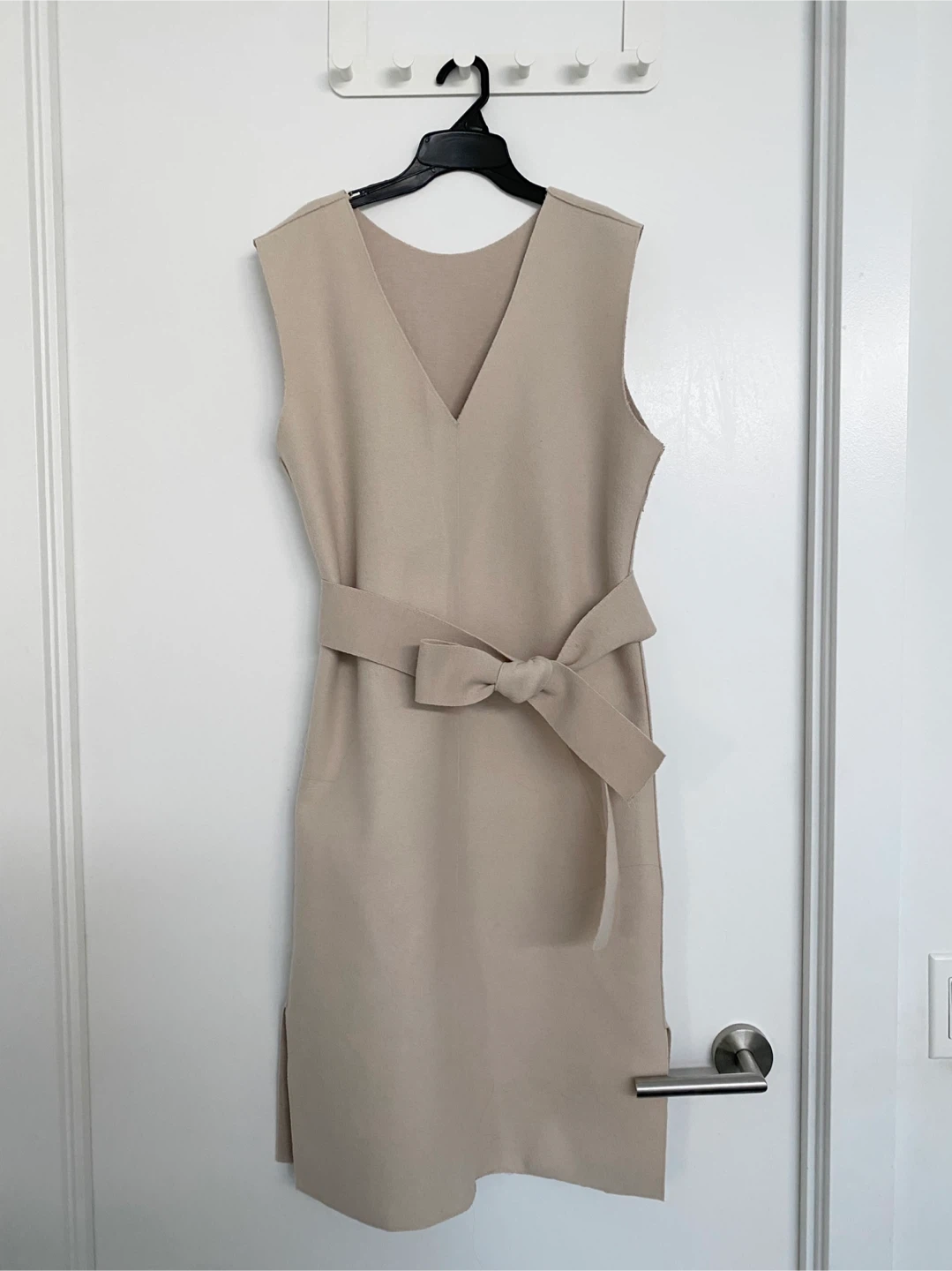 Beige Sleeveless Dress with Belt