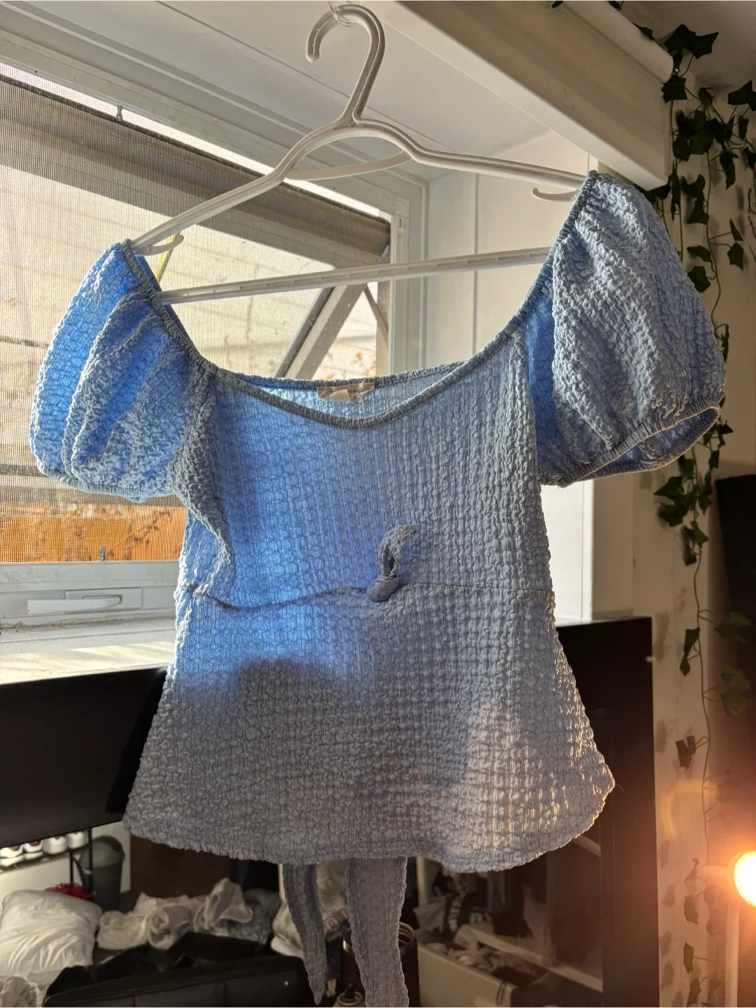 Blue Textured Tie-Back Top