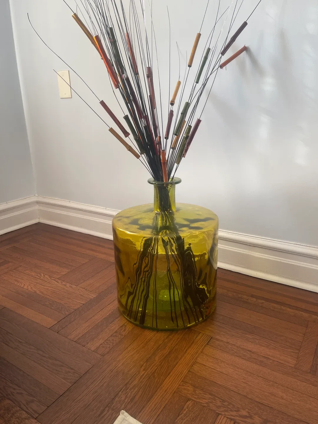 Yellow Glass Vase with Decorative Sticks
