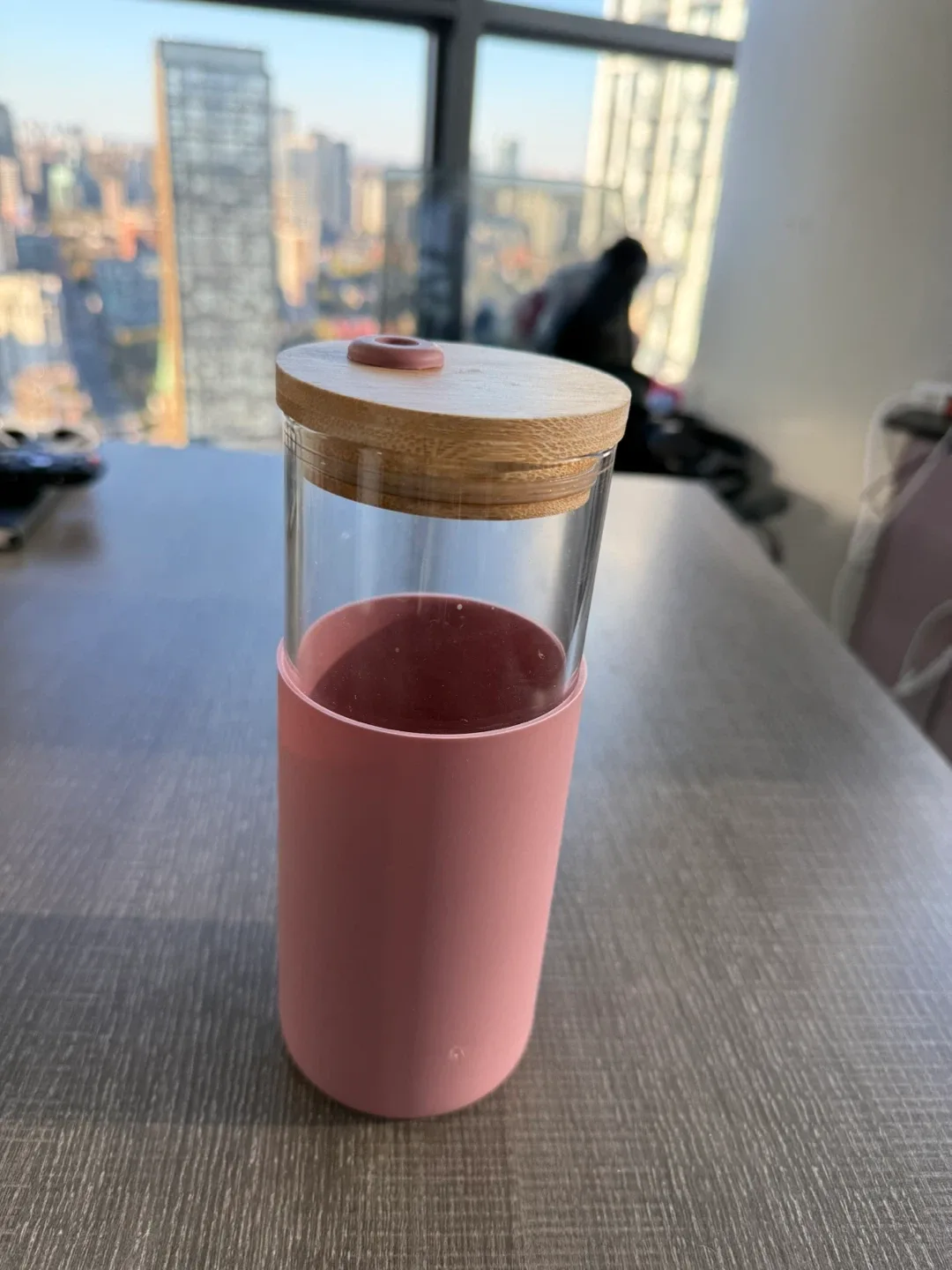 Pink Glass Food Storage Container w/ Wood Lid thumbnail