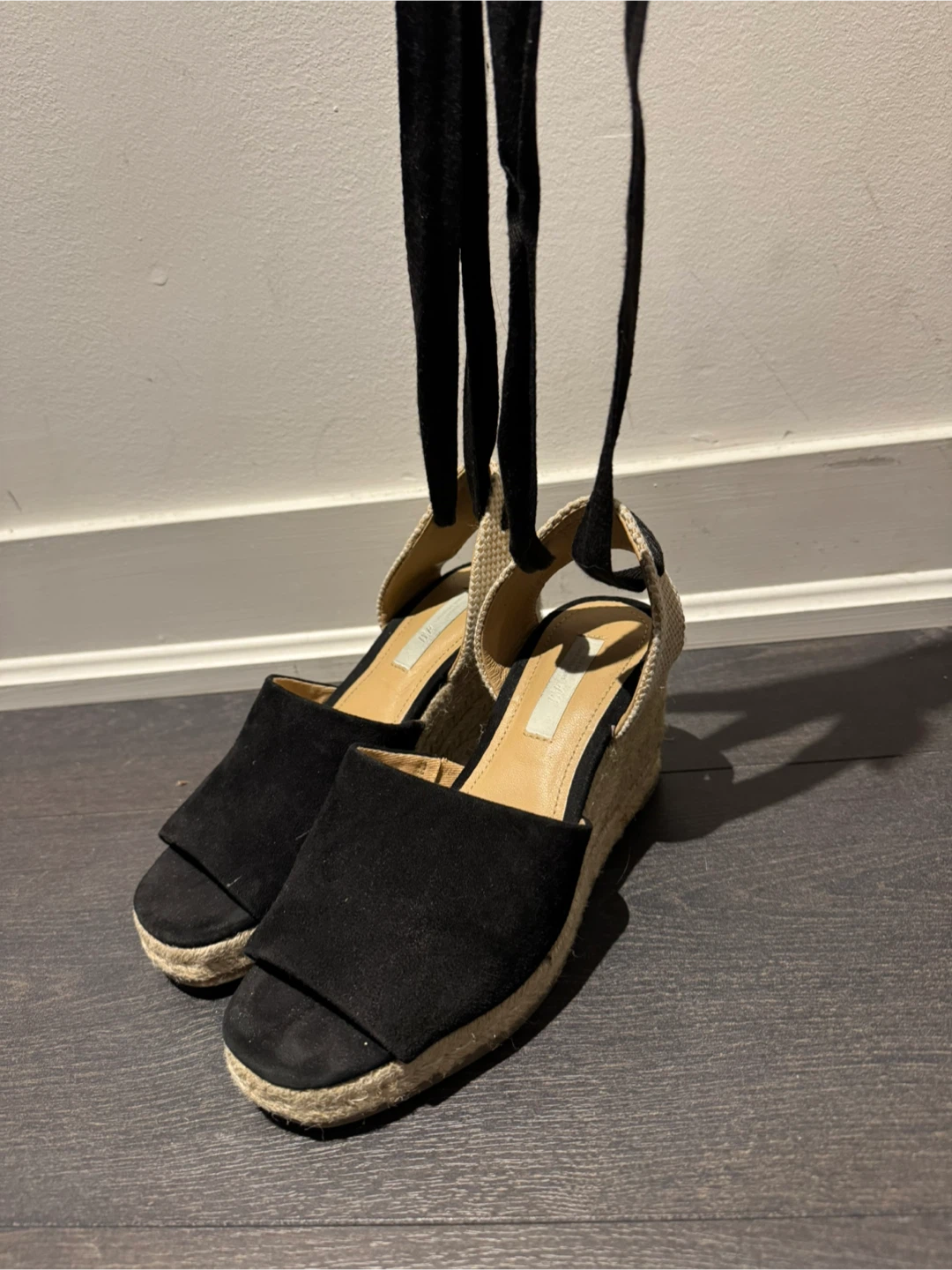 H&M Black Suede Espadrille Wedge Sandals - Size 36