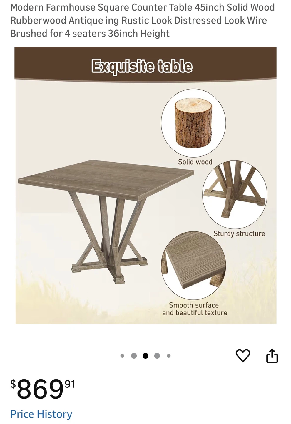 Modern Farmhouse Square Counter Table 45" Solid Wood
