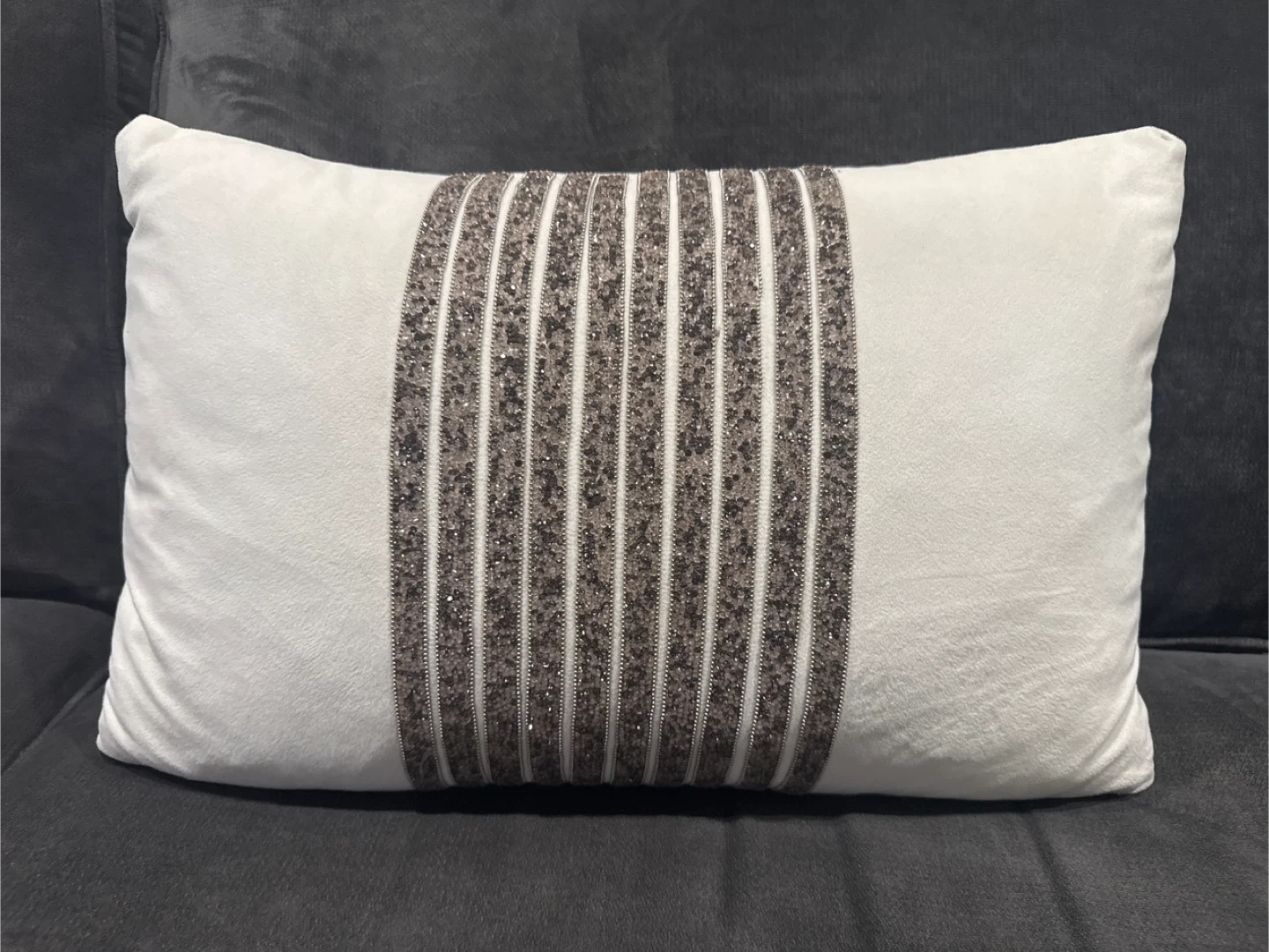 Decorative White Pillow with Embellished Stripes