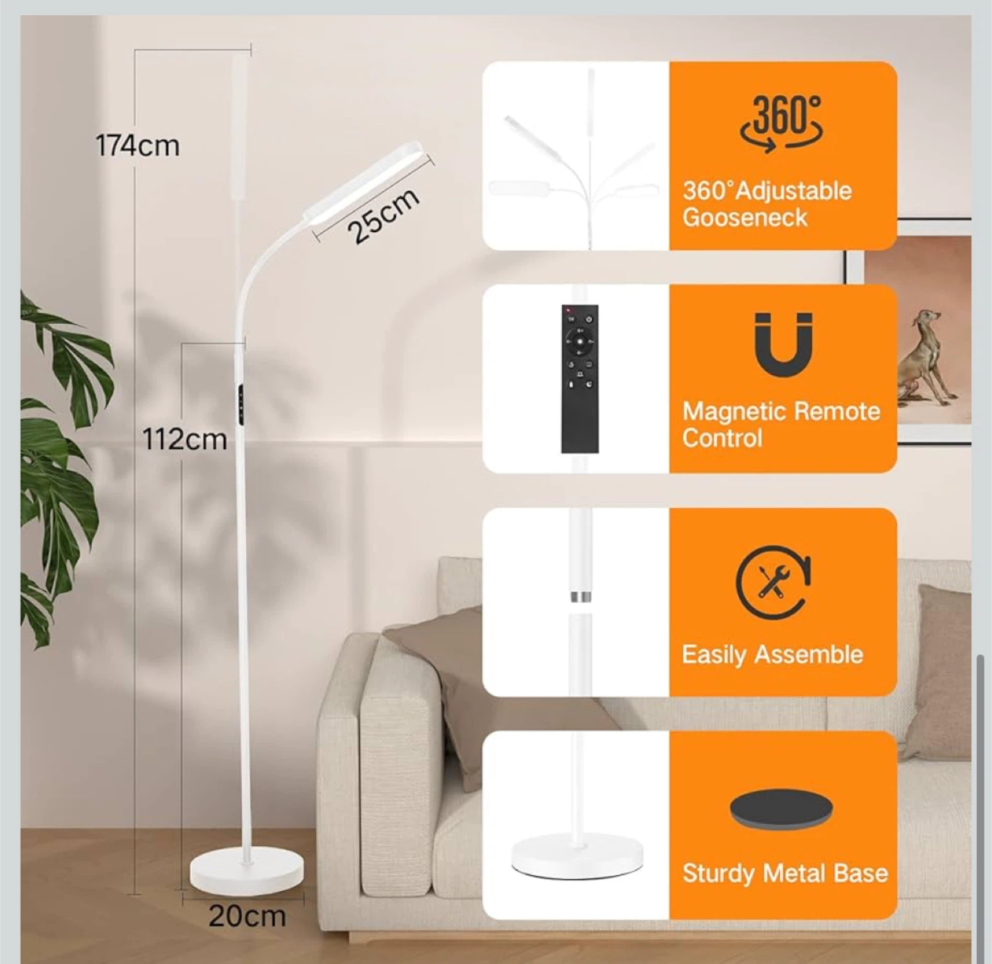 LED Floor Lamp - Adjustable Gooseneck, White - photo 2