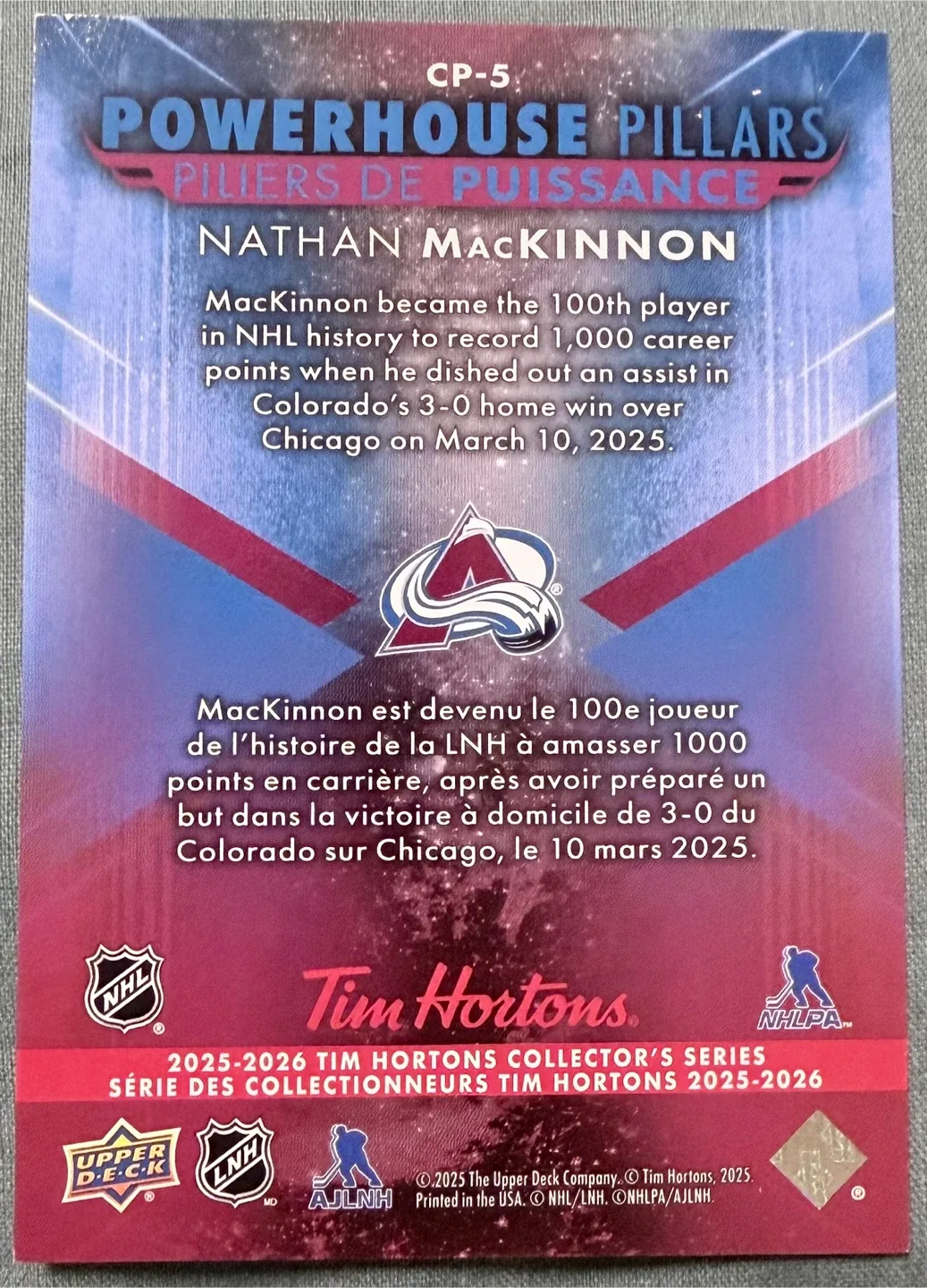 Nathan MacKinnon Upper Deck Tim Hortons Hockey Card image indicator(2)