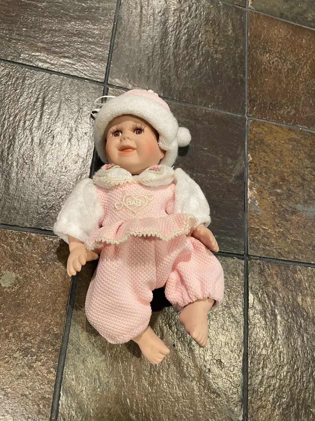 Collectible Porcelain Baby Doll, Pink Outfit