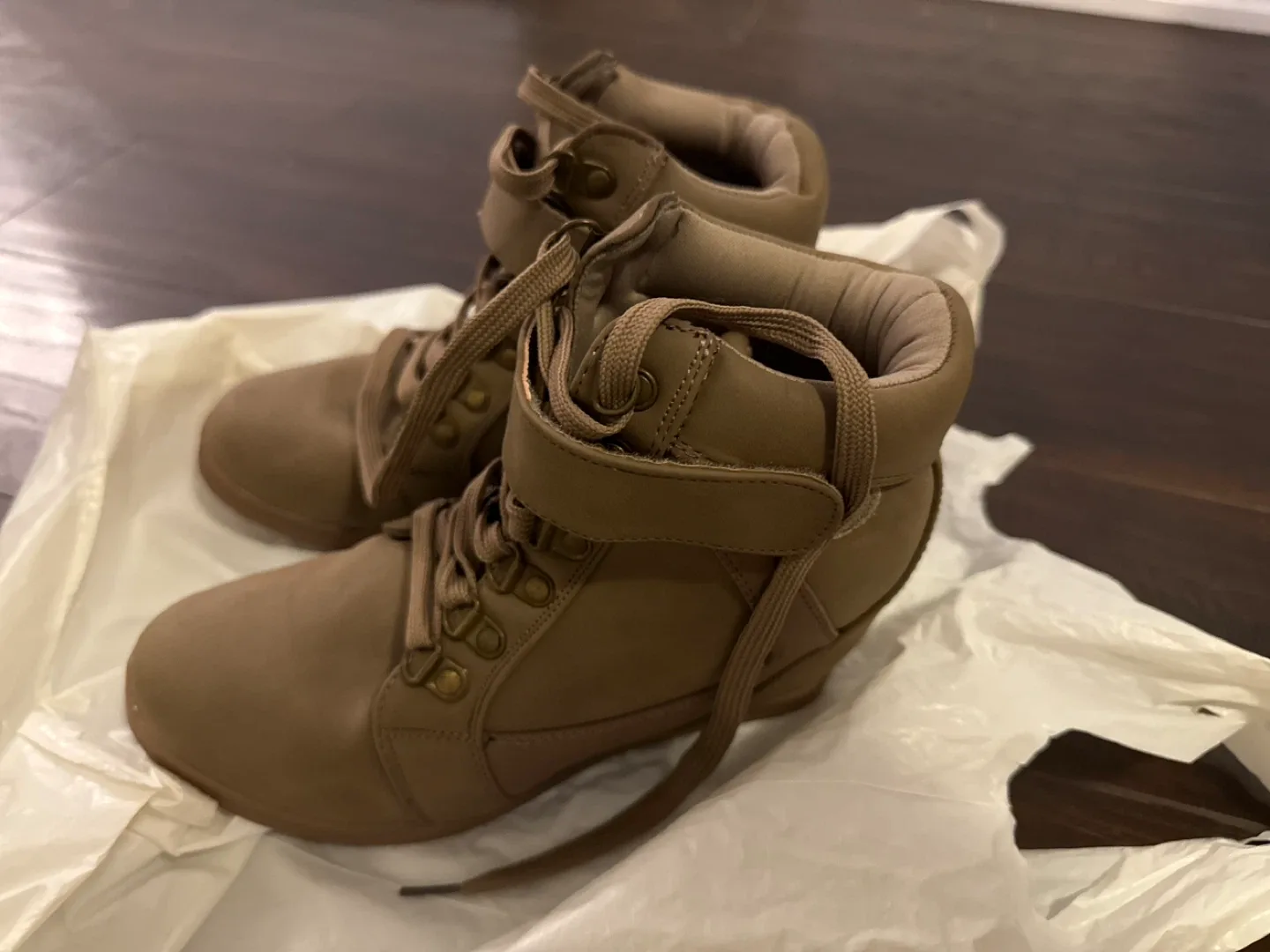 Taupe Wedge Heel Boots - Size 8