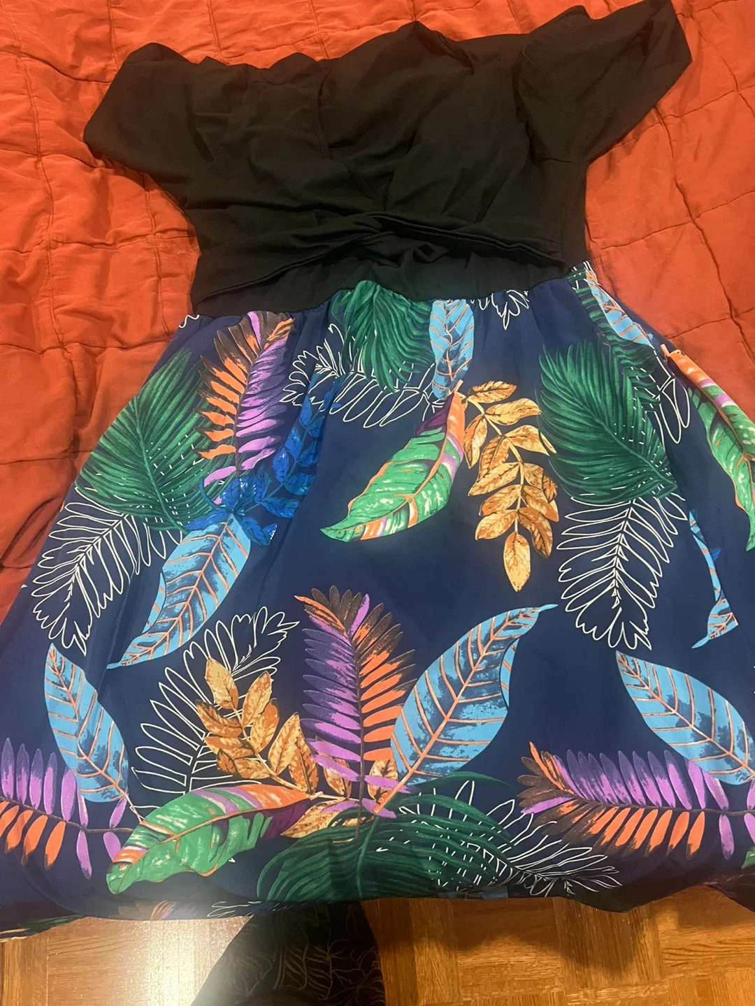 Leaf Print Dress - Black Top, Colorful Skirt