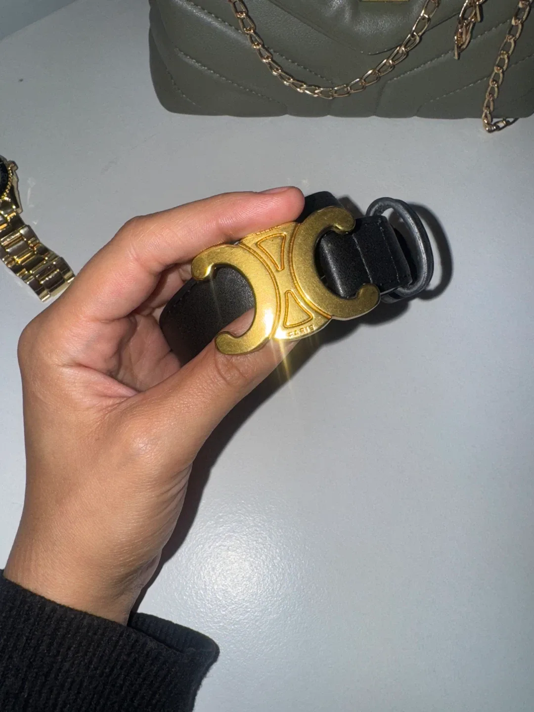 Celine Paris Black Leather Belt with Gold Buckle image indicator(2)