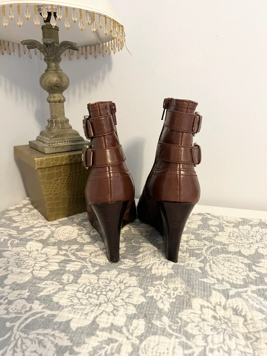 Nine West Brown Leather Wedge Boots image indicator(2)