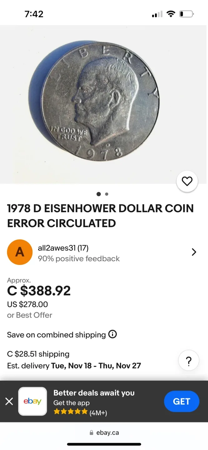 1978 D Eisenhower Dollar Coin Error Circulated image indicator(3)