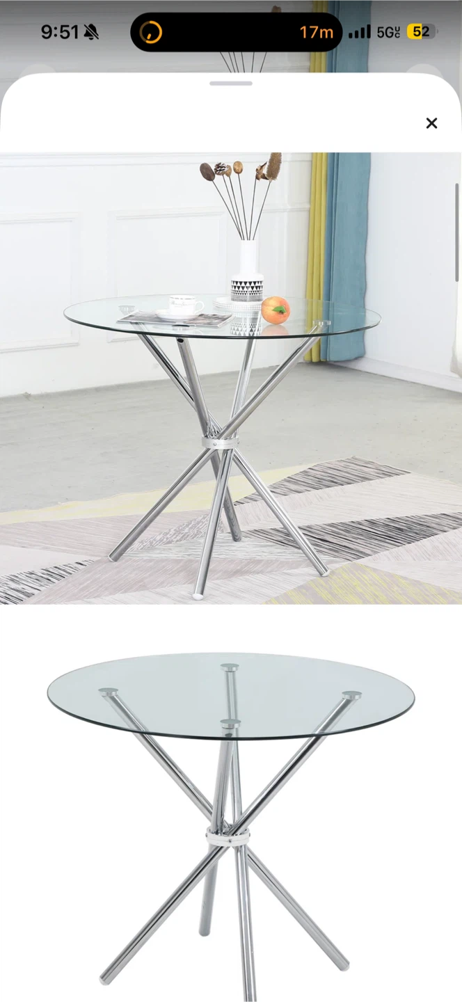 Round Glass Dining Table with Steel Trestle Legs