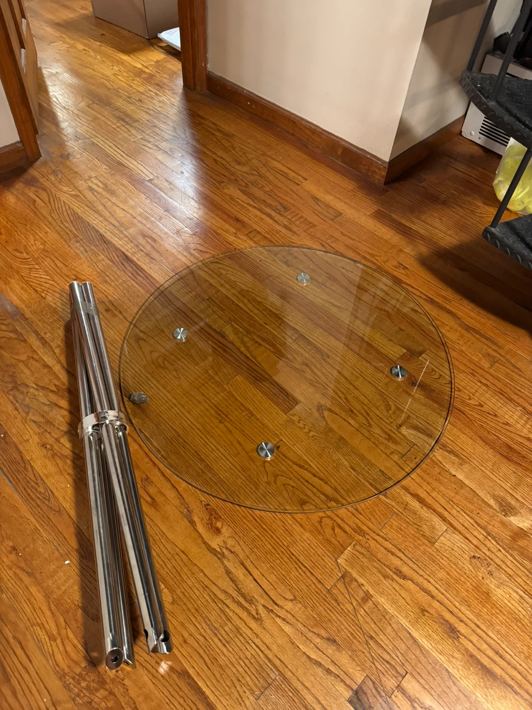 Round Glass Dining Table with Steel Trestle Legs - photo 2