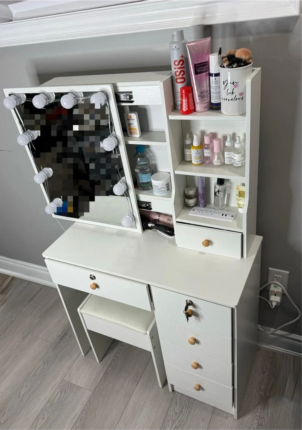 White Vanity Makeup Desk with Lighted Mirror image indicator(2)