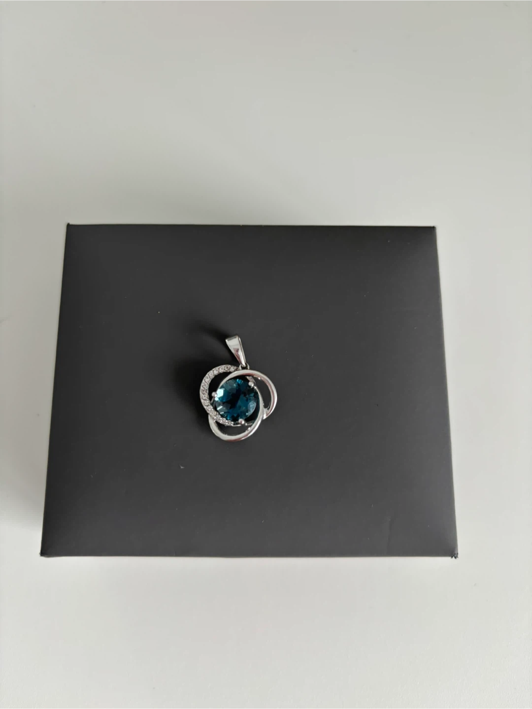 14K White Gold Pendant with Blue Topaz and Cubic Zirconias