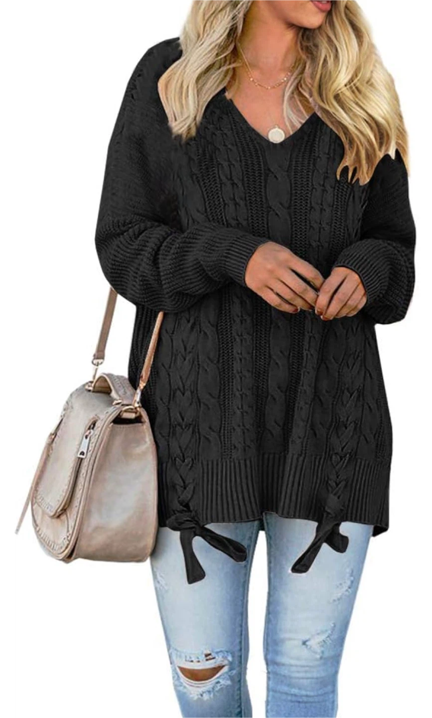 NEW! Black Cable Knit V-Neck Lace Up Sweater