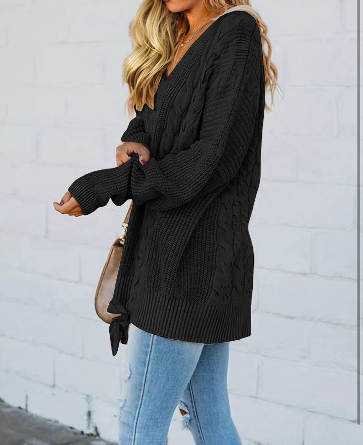 NEW! Black Cable Knit V-Neck Lace Up Sweater - photo 2