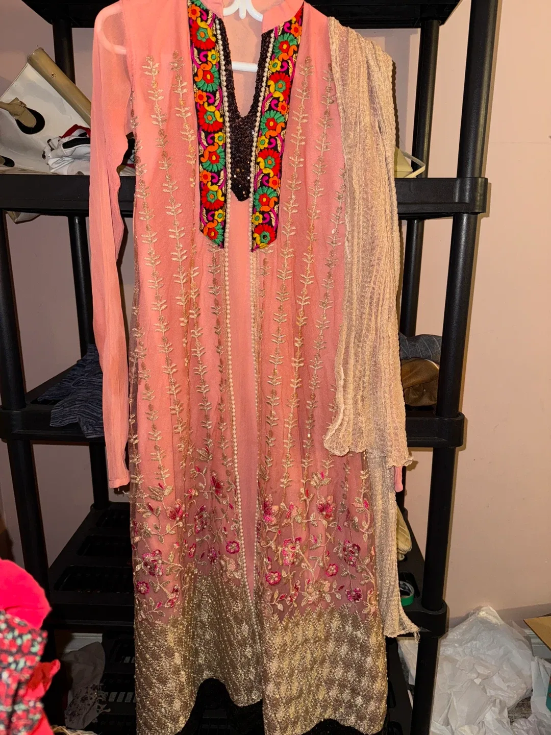 Embroidered Peach Dress with Scarf image indicator(2)