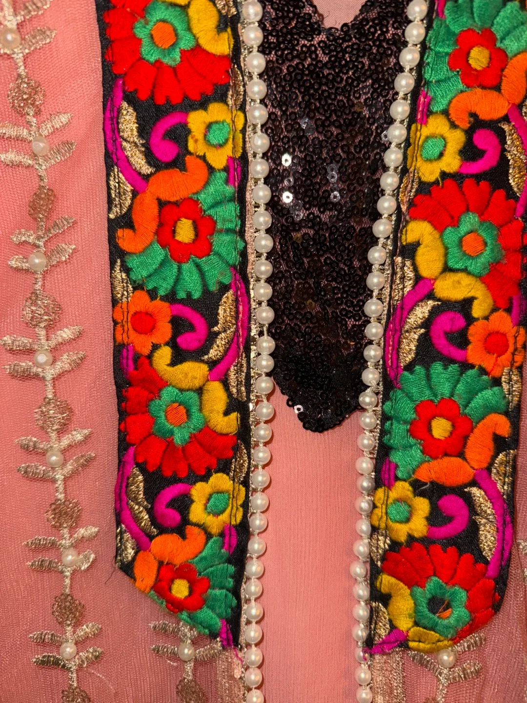 Embroidered Peach Dress with Scarf image indicator(3)