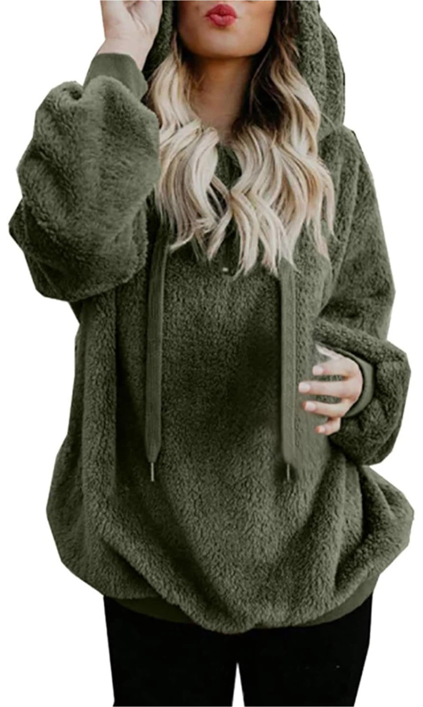 NEW! Olive Green Double Fluffy 1/4 Quarter Zip Fleece Hoodie