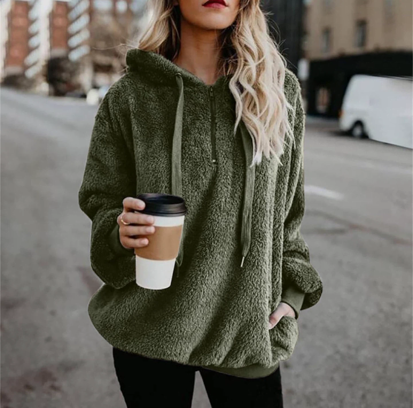 NEW! Olive Green Double Fluffy 1/4 Quarter Zip Fleece Hoodie - photo 2
