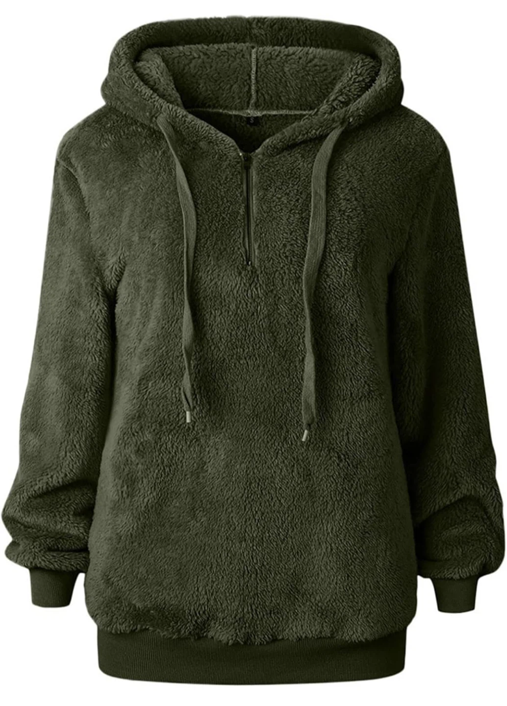 NEW! Olive Green Double Fluffy 1/4 Quarter Zip Fleece Hoodie - photo 3
