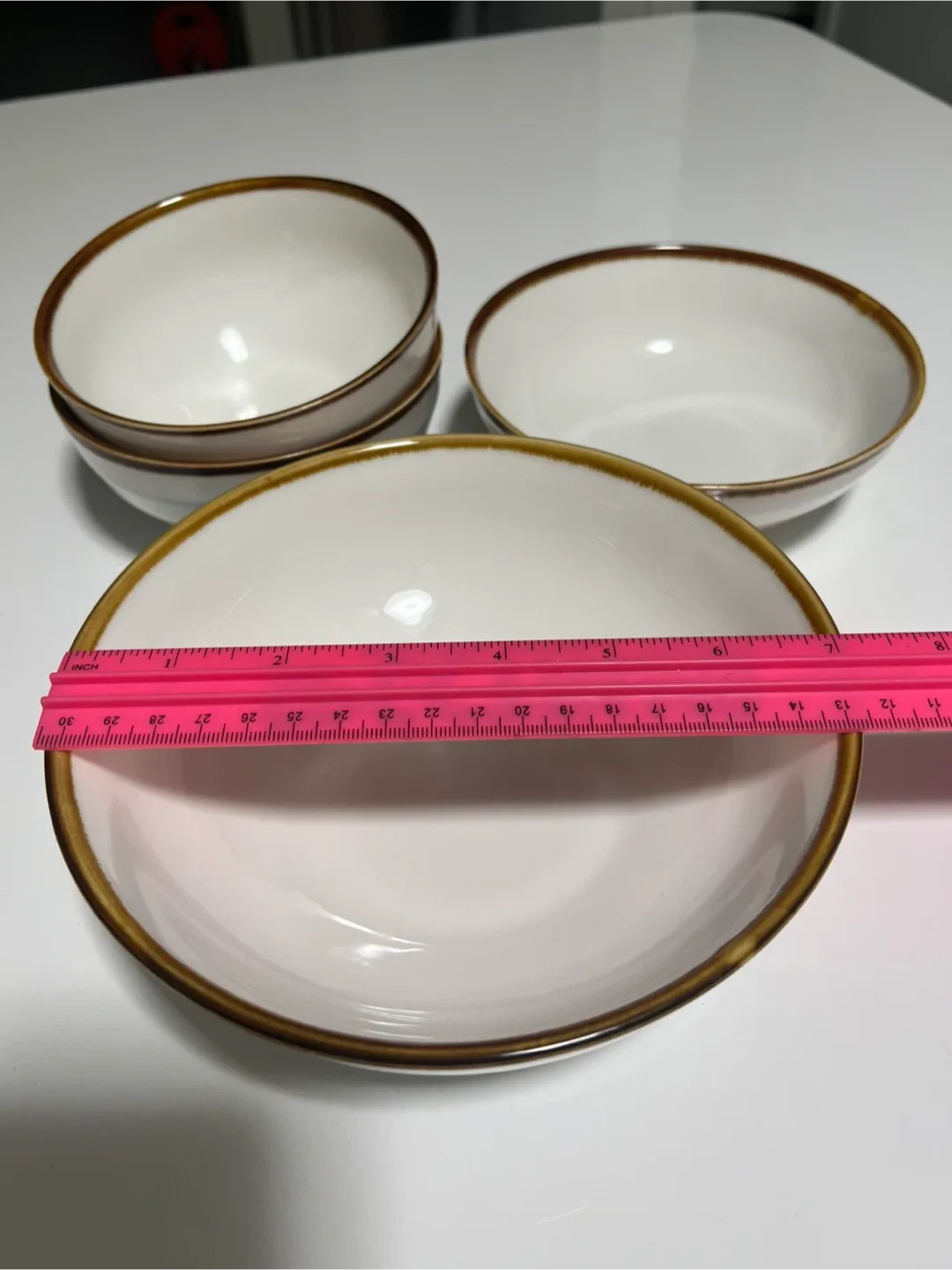 White Ceramic Bowls with Brown Rim - Set of 3